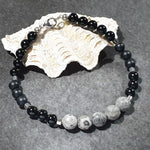 Load image into Gallery viewer, unisex 108 - GEMSTONES & STEEL- Onyx/Fossil Agate